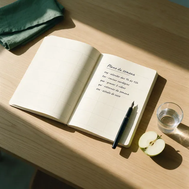 Caderno aberto em branco na mesa de madeira com caneta-tinteiro, copo d'água e maçã: flat lay IA