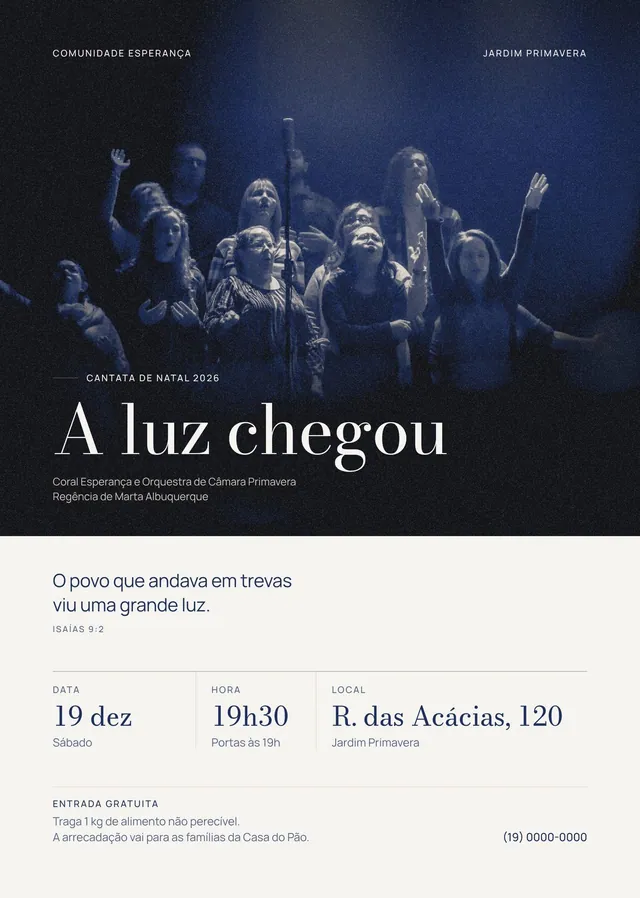 Flyer A5 Cantata de Natal para gráfica: coral e "A luz chegou" (300 dpi)