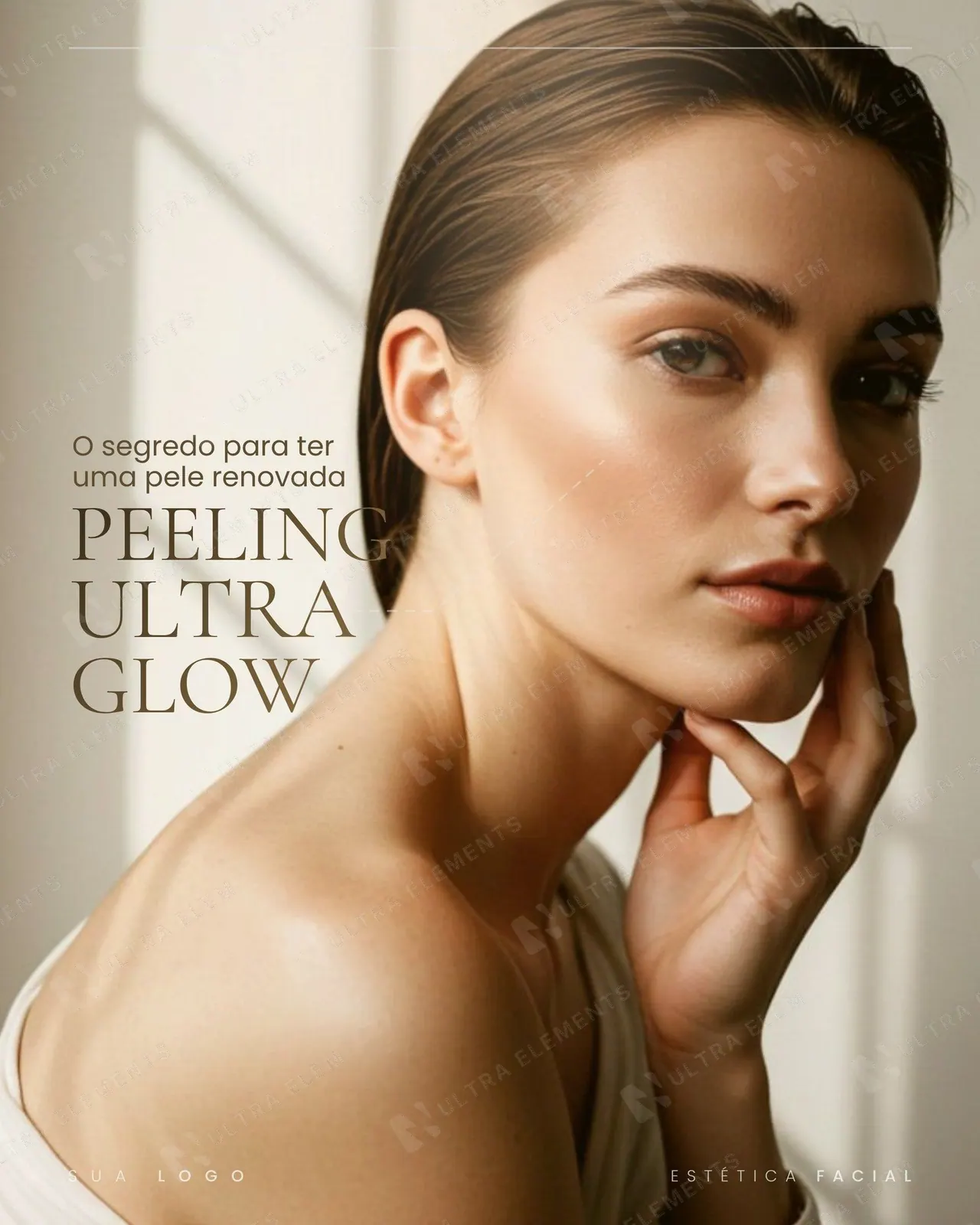 Post clínica de estética: Peeling Ultra Glow, retrato em luz natural de janela (feed)