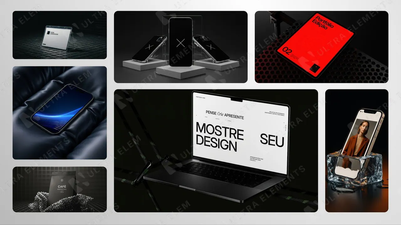Bento mockup de apresentação com 7 cards de cenas 3D escuras (16:9) — imagem 1 de 5