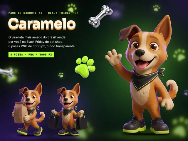 Mascote 3D Caramelo, vira-lata de Black Friday para pet shop: 8 poses em PNG transparente