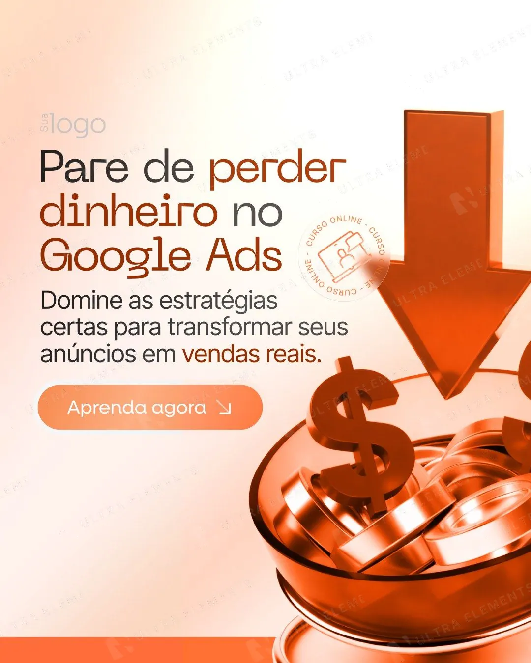 Anúncio de curso de tráfego pago: seta laranja e pote de moedas 3D (feed)