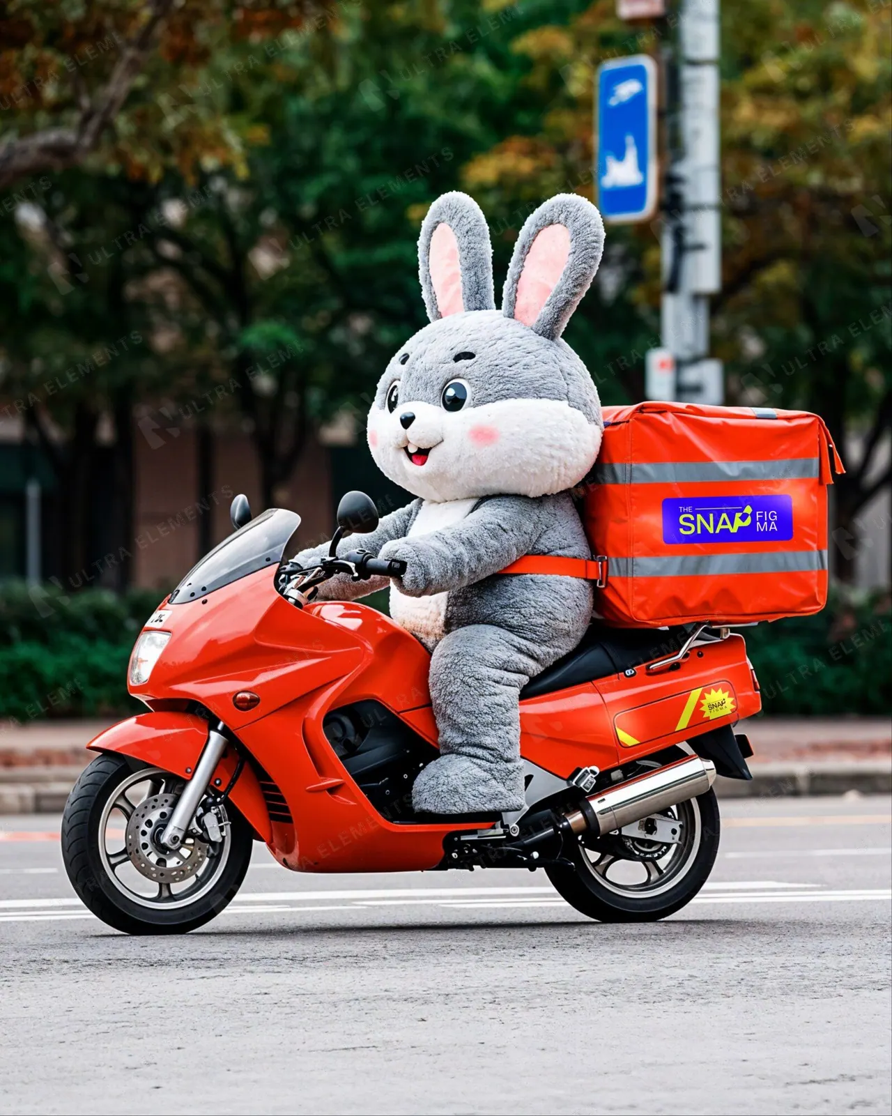 Mockup de Páscoa: coelho entregador em moto vermelha com baú de delivery personalizável — imagem 1 de 3