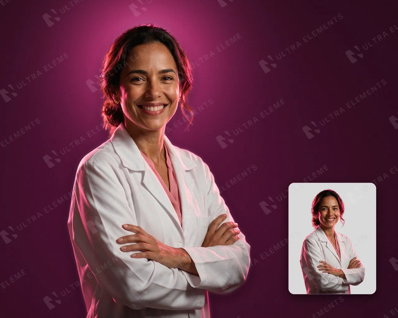 PNG médica parda de jaleco branco e braços cruzados com contraluz rosa — imagem 1 de 3