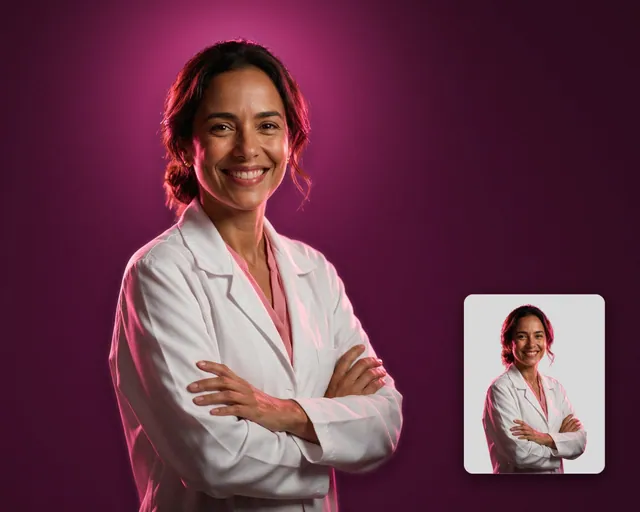 PNG médica parda de jaleco branco e braços cruzados com contraluz rosa