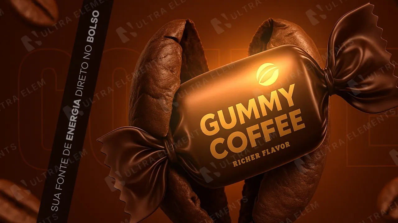Banner bala de café energética: bala 3D entre grãos de café (16:9)