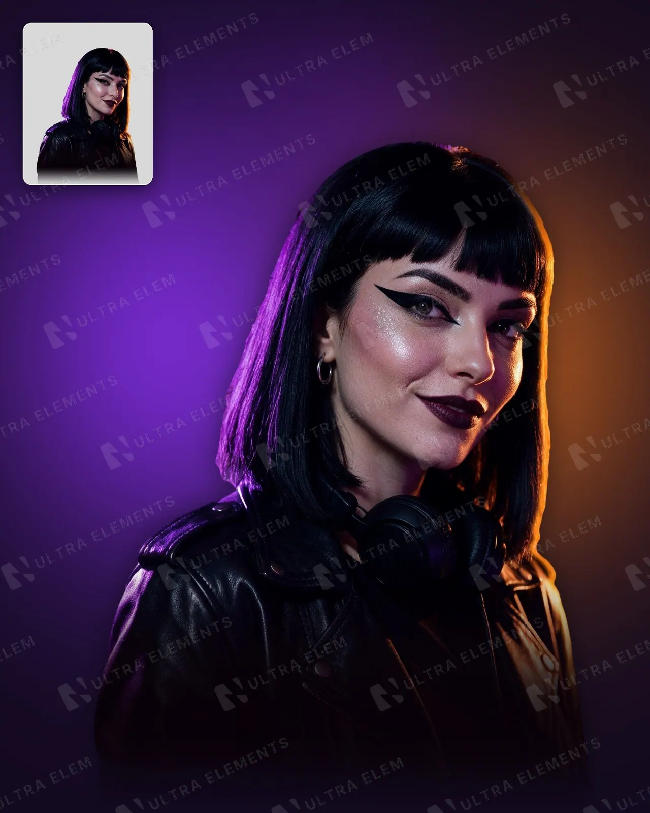 PNG DJ mulher de franja e jaqueta de couro recortada com luz roxa e laranja — imagem 1 de 2
