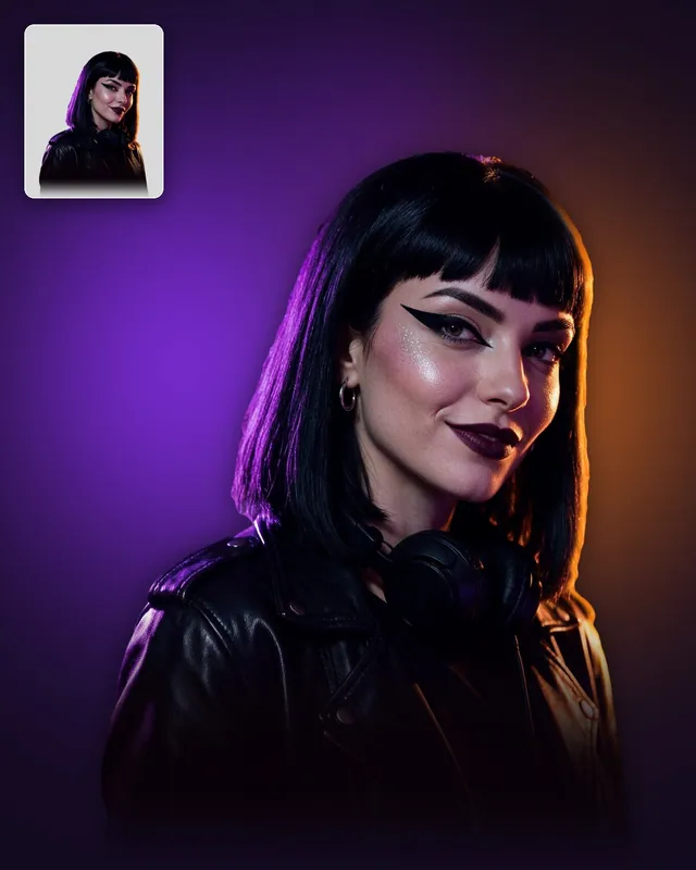 PNG DJ mulher de franja e jaqueta de couro recortada com luz roxa e laranja
