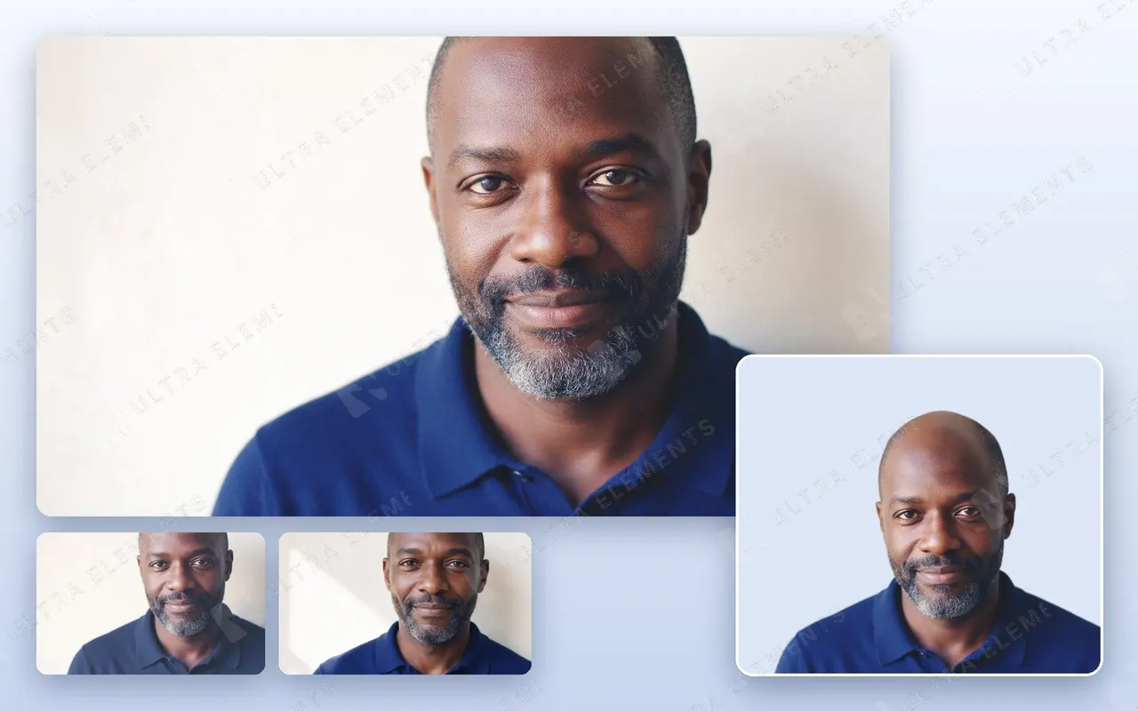 Retratos IA de 2 homens negros de 45 a 50 anos de polo azul em parede clara + variação azul-marinho e PNG recortado — imagem 1 de 3