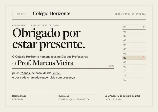 Certificado A4 paisagem de homenagem do Dia dos Professores com coluna de chamada para imprimir