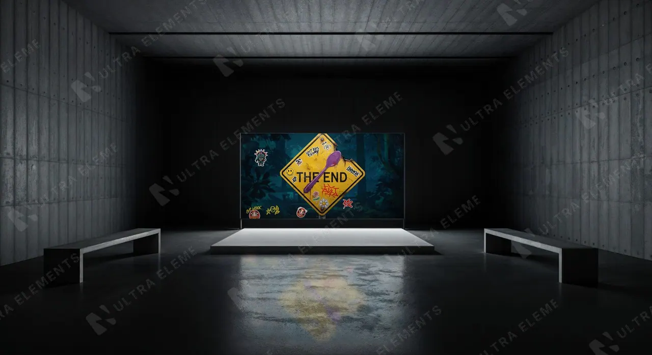 Mockup de telão em sala escura de concreto com palco iluminado e reflexo no piso — imagem 1 de 3