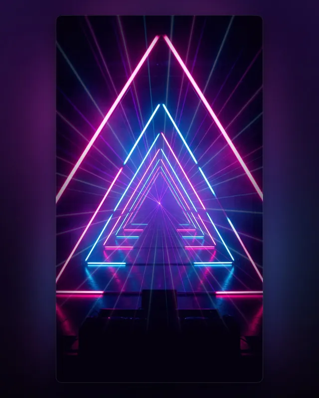 Cenário de túnel de triângulos neon magenta e ciano com lasers e piso espelhado