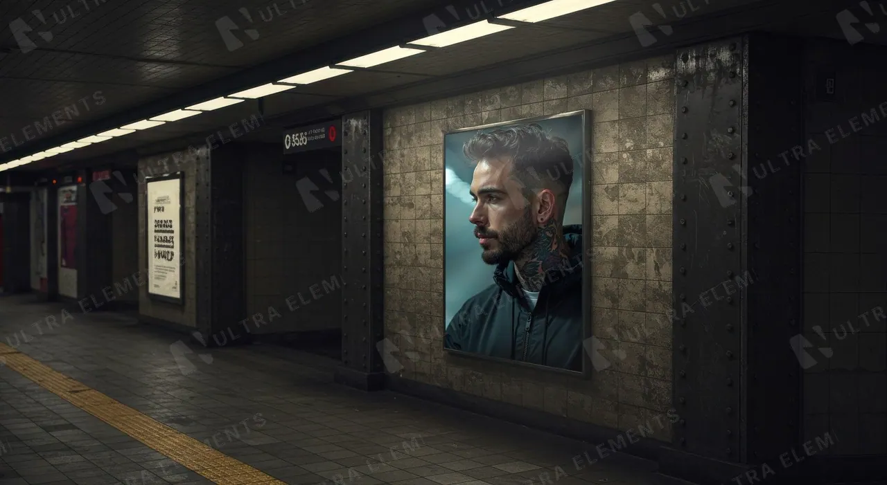 Mockup de quadro vertical com reflexo de luz em estação de metrô — imagem 1 de 3