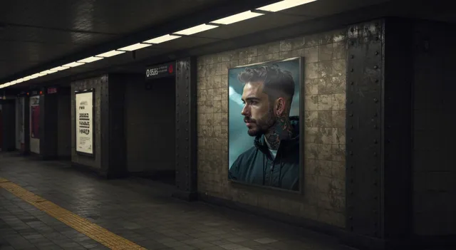 Mockup de quadro vertical com reflexo de luz em estação de metrô