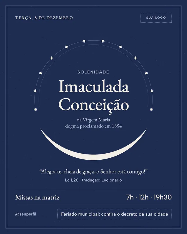 Post e story Imaculada Conceição terça 8/12: 12 estrelas, lua crescente e horário das missas