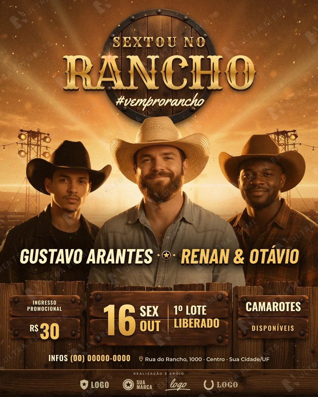 Sextou no Rancho: trio sertanejo na arena ao entardecer com emblema western dourado (feed + story) — imagem 1 de 3