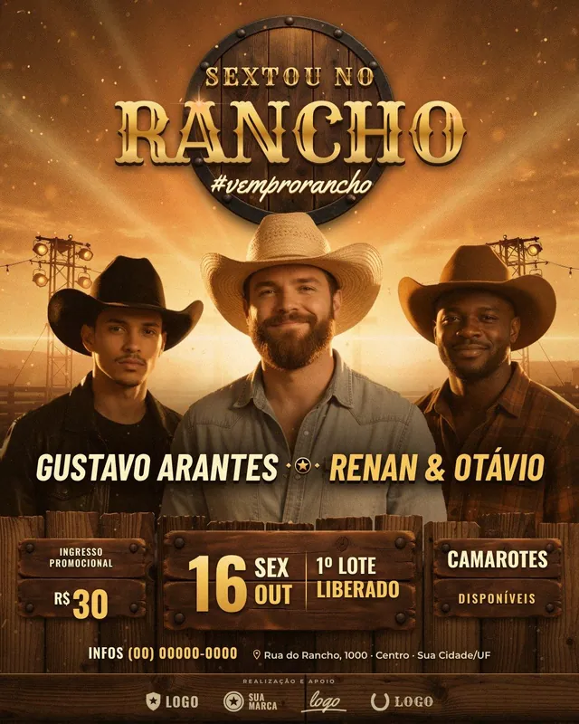 Sextou no Rancho: trio sertanejo na arena ao entardecer com emblema western dourado (feed + story)