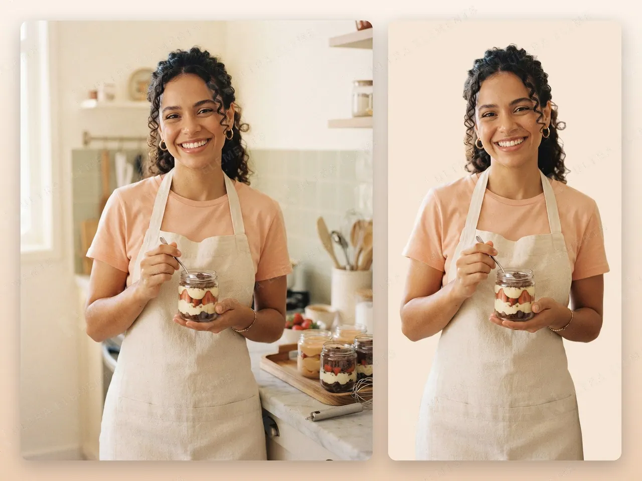 Confeiteira sorrindo com doce de pote na cozinha: foto IA + PNG recortado — imagem 1 de 3