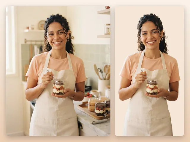 Confeiteira sorrindo com doce de pote na cozinha: foto IA + PNG recortado