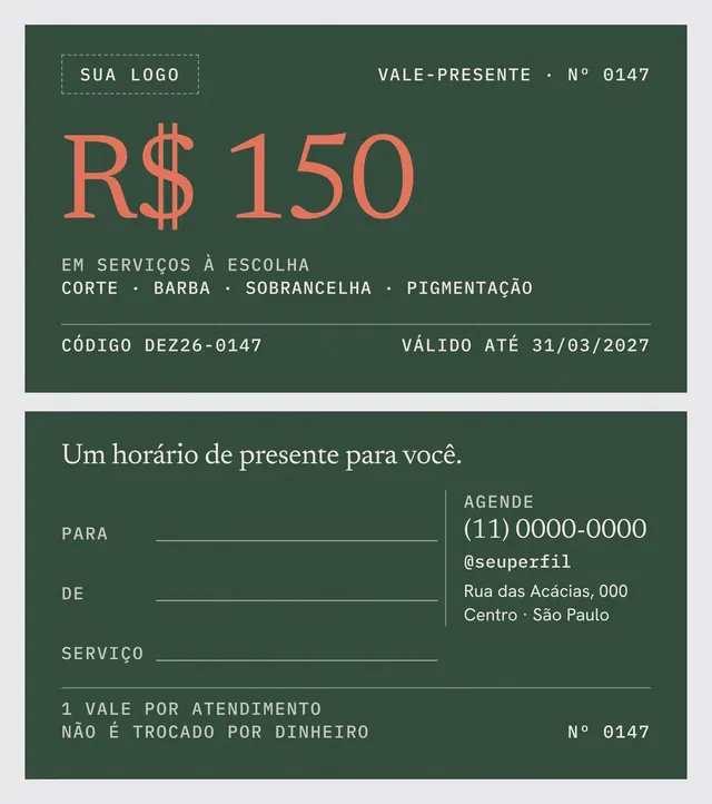 Vale-presente impresso 90×50 mm para barbearia e salão: frente e verso com PDF para gráfica