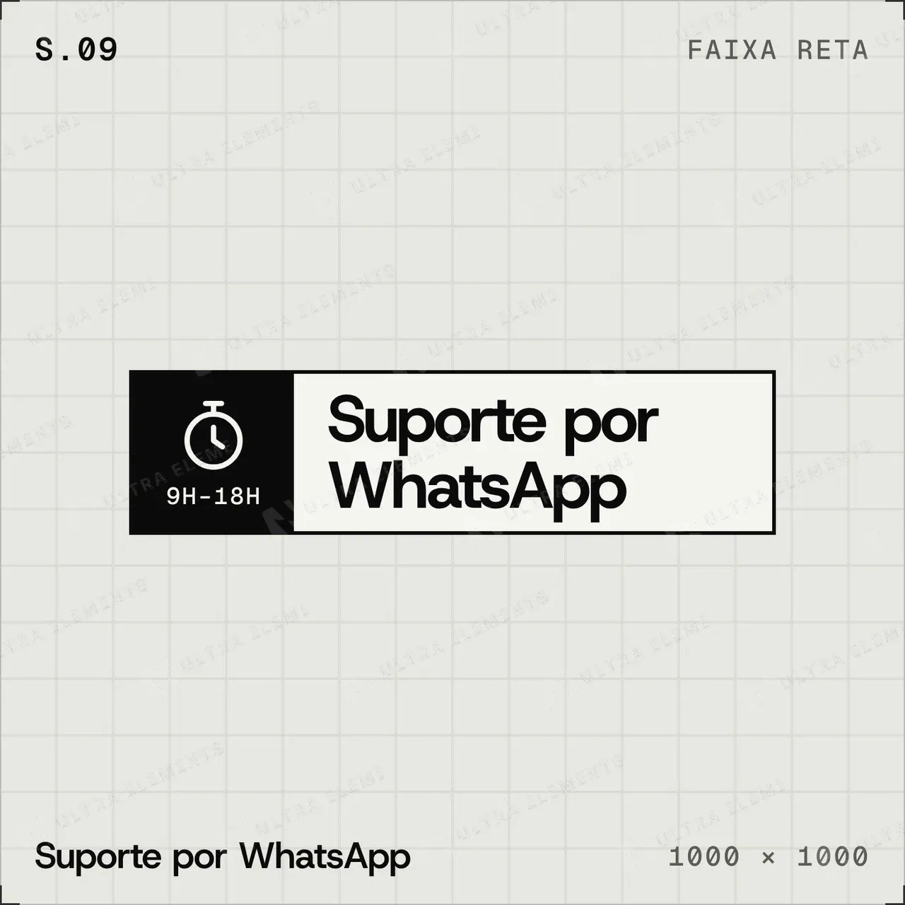 Selo plano Suporte por mensagem: faixa reta com relógio 9H–18H — imagem 1 de 4