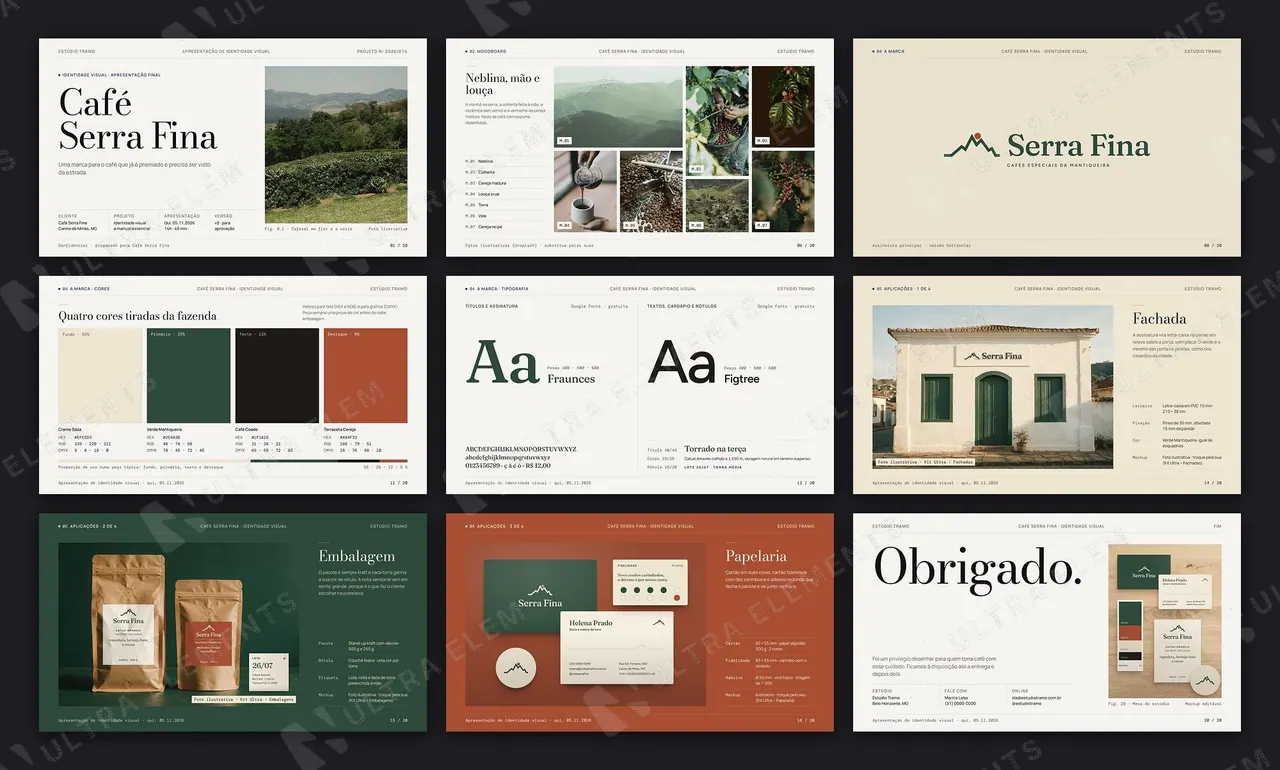 Apresentação de identidade visual: 20 slides 16:9 com moodboard, construção da marca e 4 aplicações em mockup — imagem 1 de 10