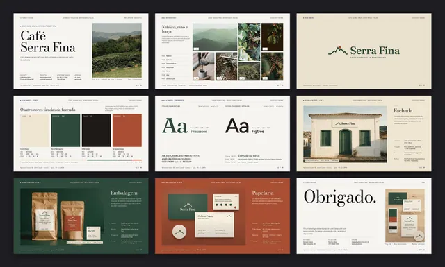 Apresentação de identidade visual: 20 slides 16:9 com moodboard, construção da marca e 4 aplicações em mockup