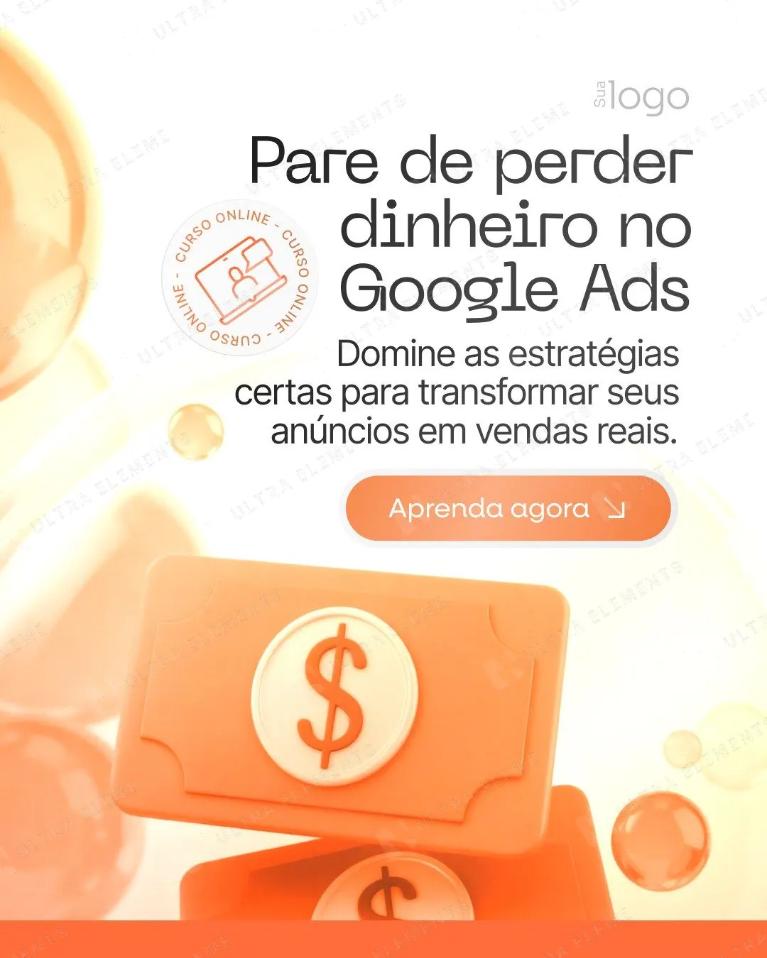 Anúncio de curso de tráfego pago: cédulas laranja 3D e bolhas (feed)
