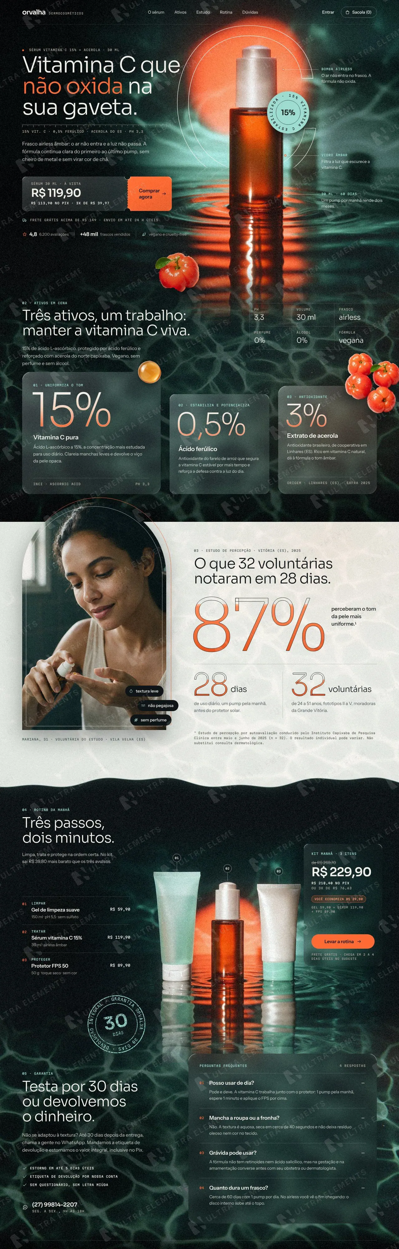 Landing page de produto para sérum de vitamina C com ativos, resultados de estudo e kit rotina (desktop e mobile) — imagem 1 de 8