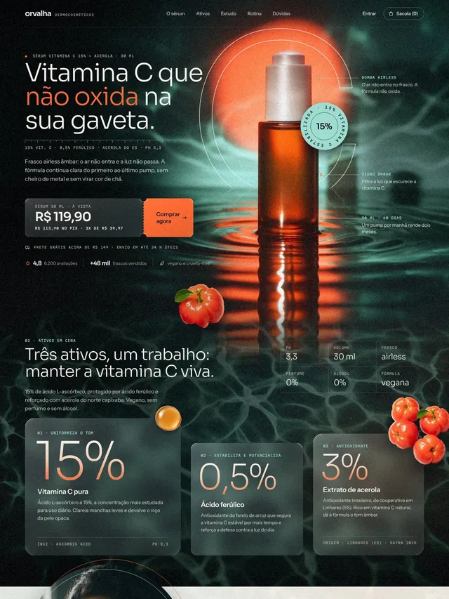 Landing page de produto para sérum de vitamina C com ativos, resultados de estudo e kit rotina (desktop e mobile)