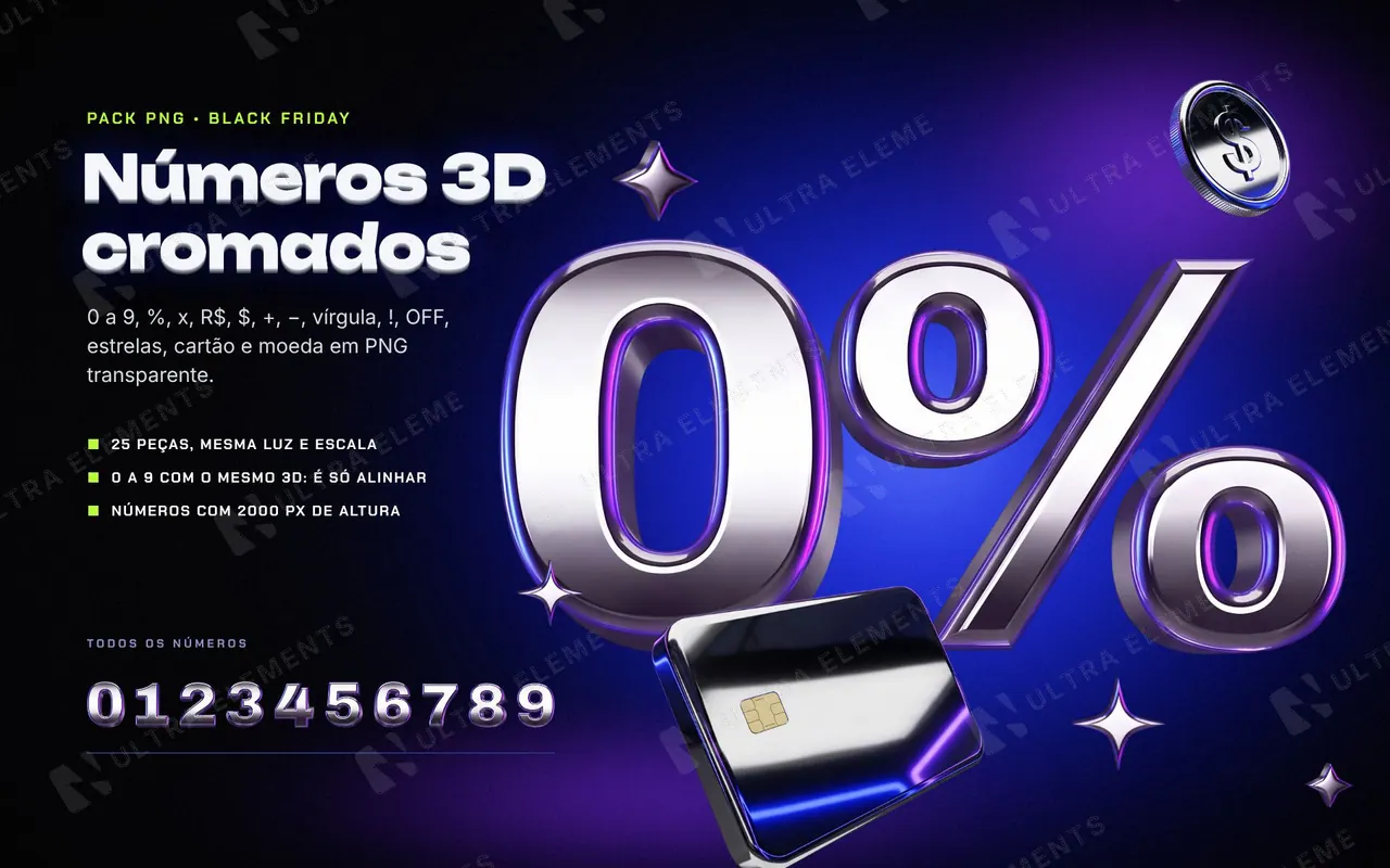 Números 3D cromados para Black Friday: 0 a 9, %, x, R$, OFF, cartão e moeda em PNG transparente (25 peças) — imagem 1 de 5