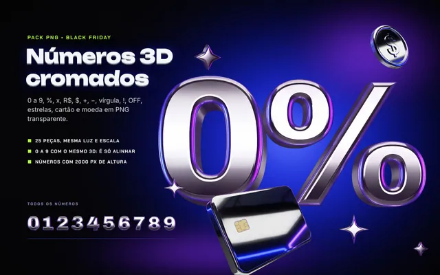 Números 3D cromados para Black Friday: 0 a 9, %, x, R$, OFF, cartão e moeda em PNG transparente (25 peças)