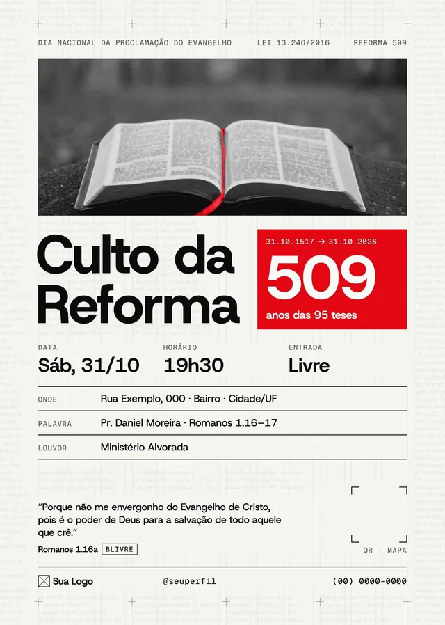 Flyer A5 Culto da Reforma 509 anos para gráfica: PDF/X-1a em CMYK com sangria