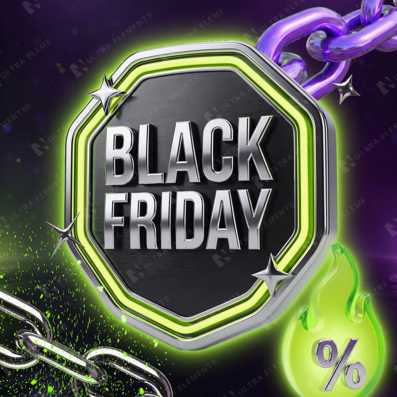 Selo 3D Black Friday em metal preto com neon verde, roxo ou vermelho (PNG e texto editável) — imagem 1 de 5