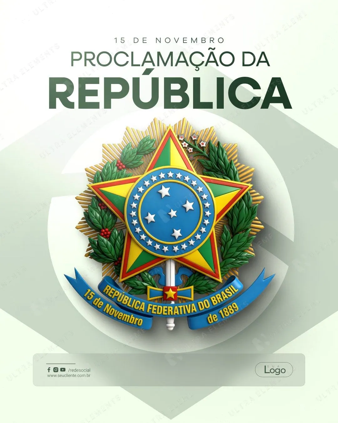 Post Proclamação da República: brasão 3D e título em verde (feed claro)