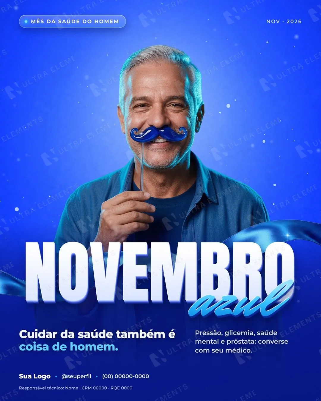 Post Novembro Azul 3D: homem segurando bigode de vidro sob o spot e NOVEMBRO com fita de cetim (feed, story e quadrado, elétrico e navy) — imagem 1 de 6