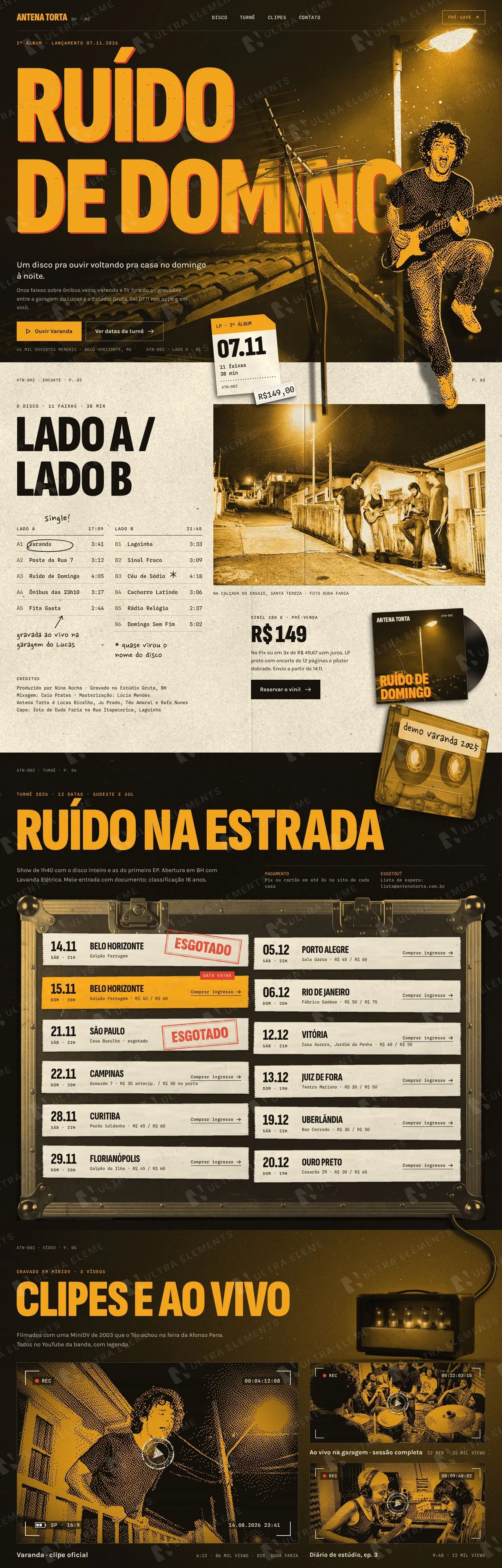 Landing page para banda indie de rock com lançamento de álbum, tracklist e agenda de turnê (desktop e mobile) — imagem 1 de 7