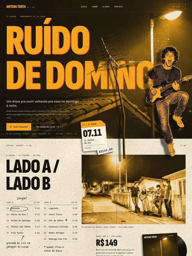 Landing page para banda indie de rock com lançamento de álbum, tracklist e agenda de turnê (desktop e mobile)
