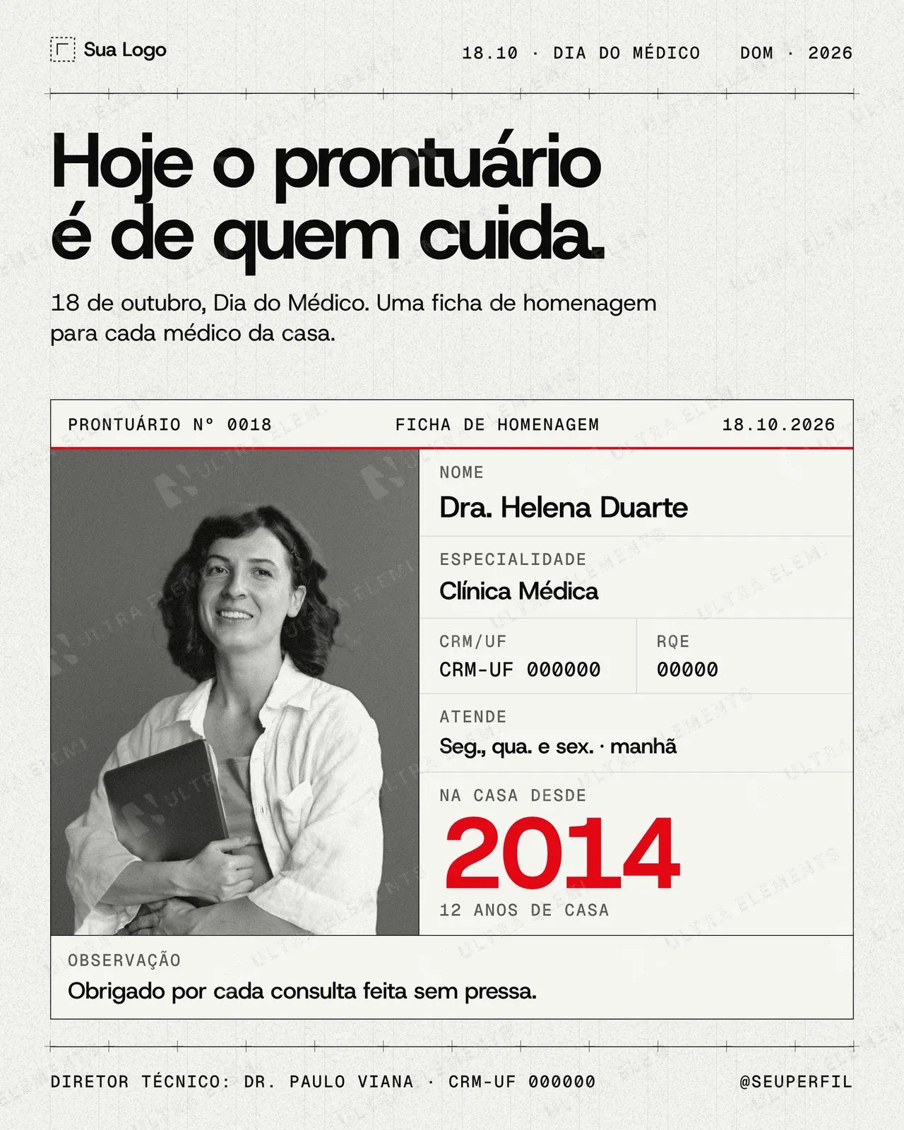 Post Dia do Médico 18/10: ficha de prontuário com retrato, CRM e RQE (feed) — imagem 1 de 2