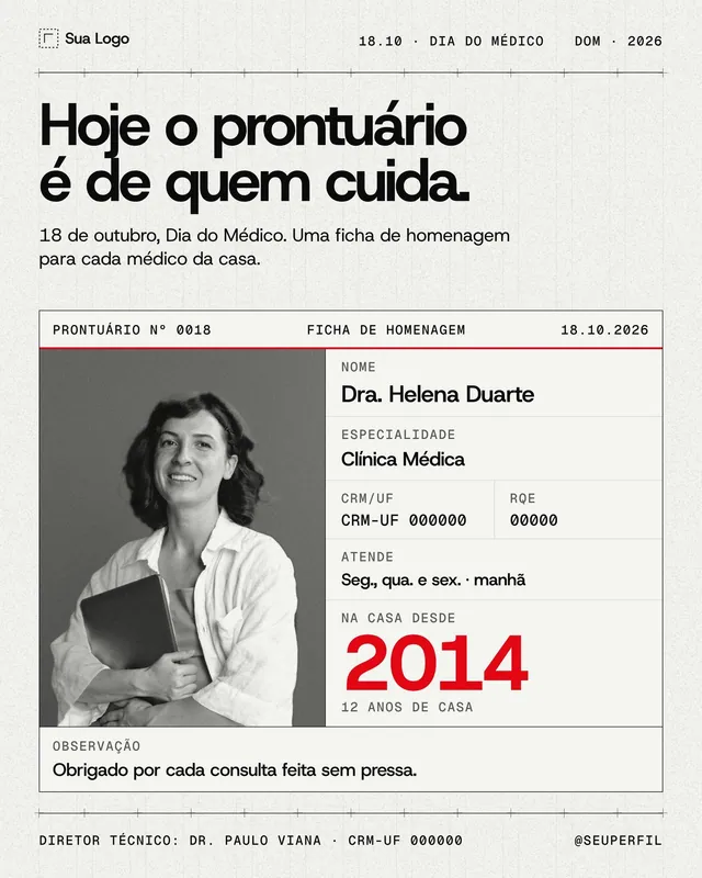 Post Dia do Médico 18/10: ficha de prontuário com retrato, CRM e RQE (feed)