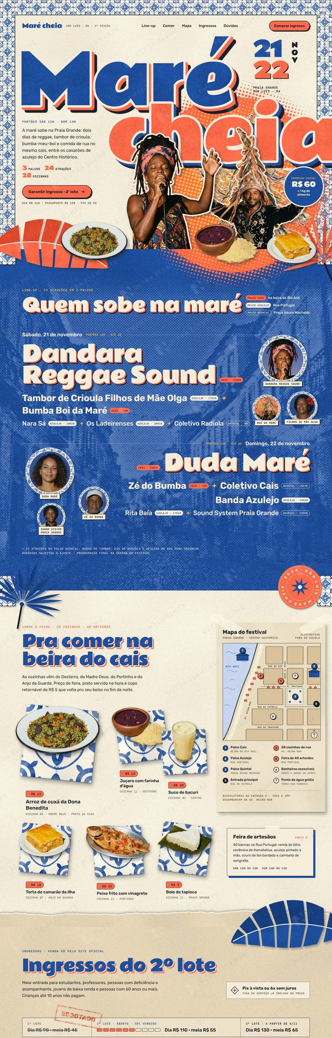 Landing page de festival de música e comida de rua em São Luís com line-up, mapa e lotes de ingresso (desktop e mobile) — imagem 1 de 7