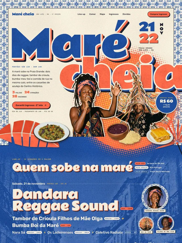 Landing page de festival de música e comida de rua em São Luís com line-up, mapa e lotes de ingresso (desktop e mobile)