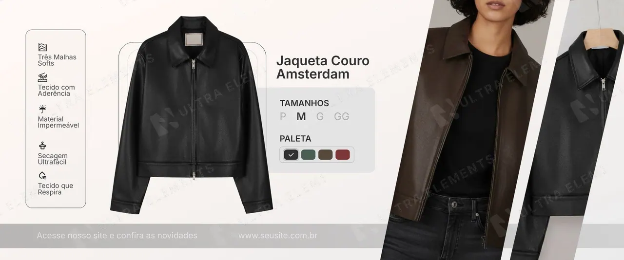 Banner loja de moda: jaqueta de couro com tamanhos, paleta de cores e diferenciais (horizontal)