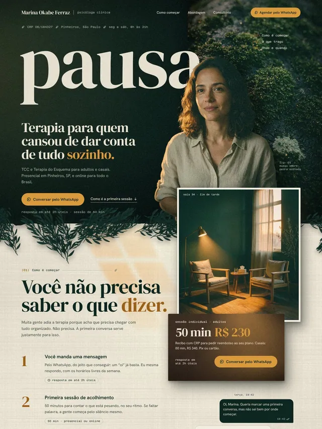 Landing page para psicóloga clínica com abordagem, temas atendidos e agendamento por WhatsApp (desktop e mobile)