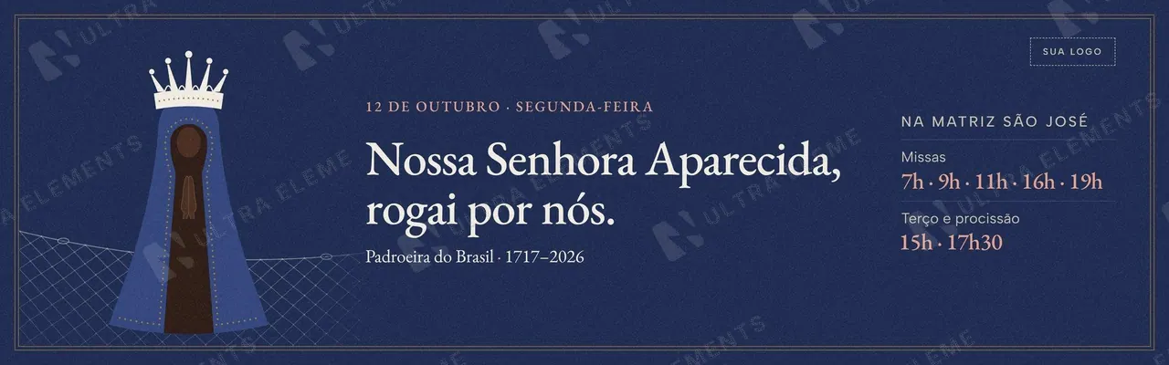 Banner 1920×600 Nossa Senhora Aparecida para site de paróquia: rogai por nós e horários de missa