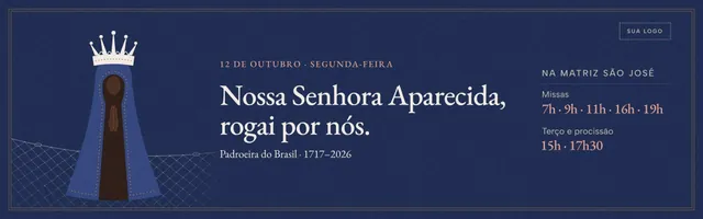 Banner 1920×600 Nossa Senhora Aparecida para site de paróquia: rogai por nós e horários de missa
