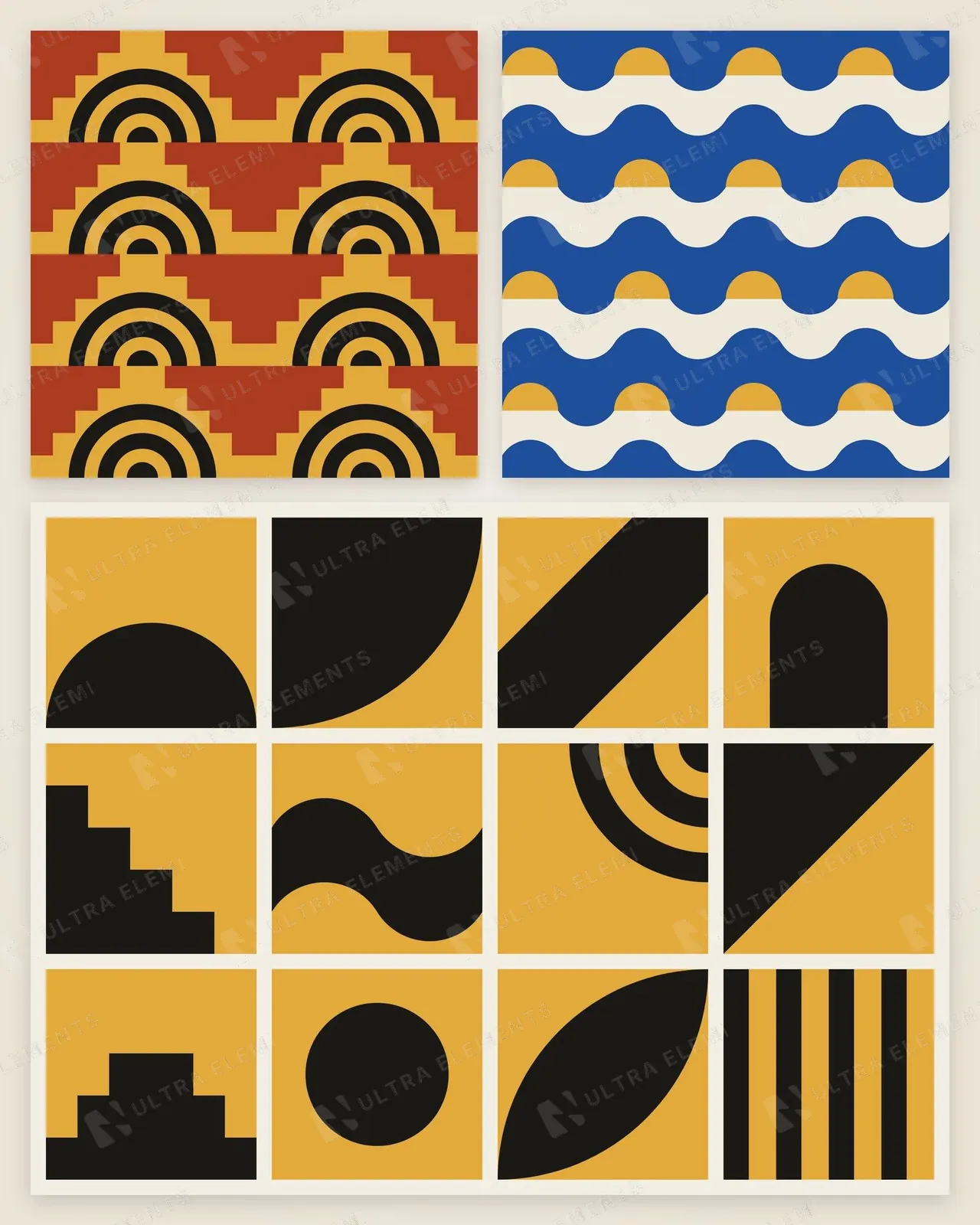 Padrões de azulejo sem emenda em vetor: art déco terracota e ondas azuis + 12 formas geométricas (PNG + SVG) — imagem 1 de 3