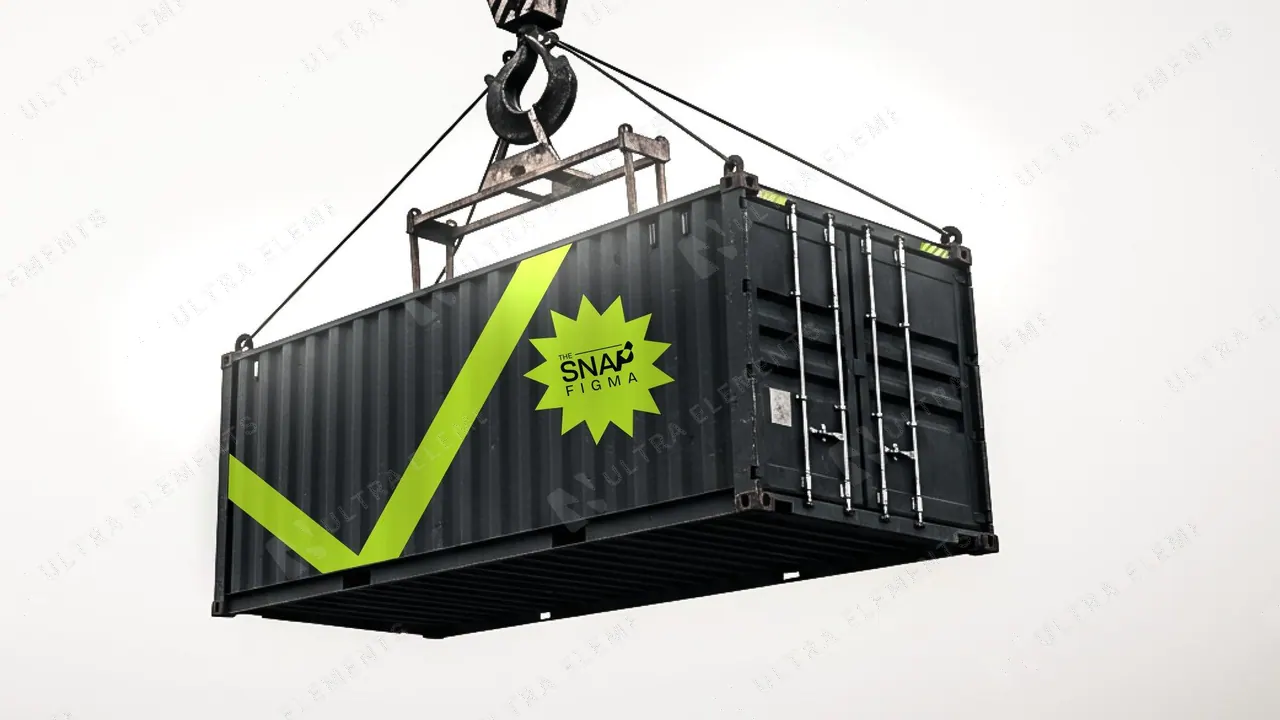 Mockup de container marítimo suspenso em guindaste — imagem 1 de 3