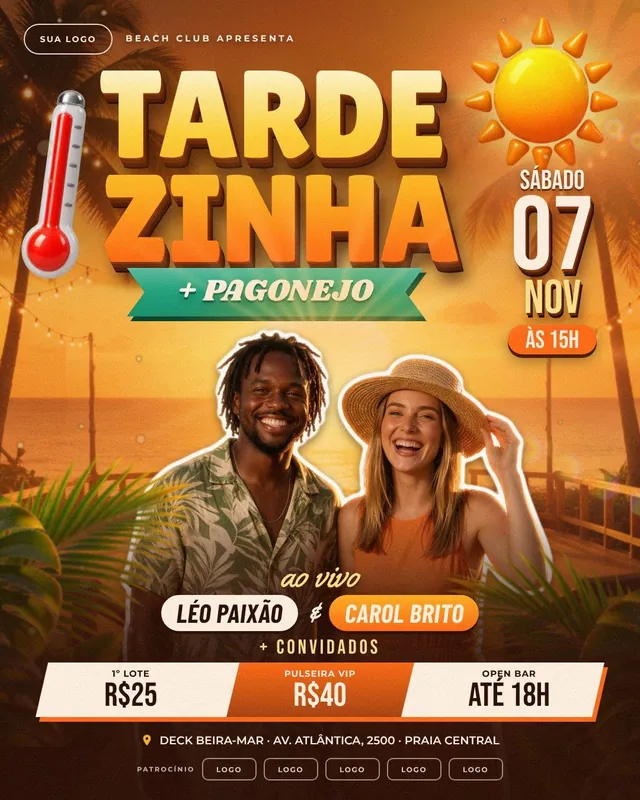 Flyer Tardezinha + Pagonejo: título 3D com sol e termômetro e dupla mista no deck da praia ao pôr do sol (feed + story)
