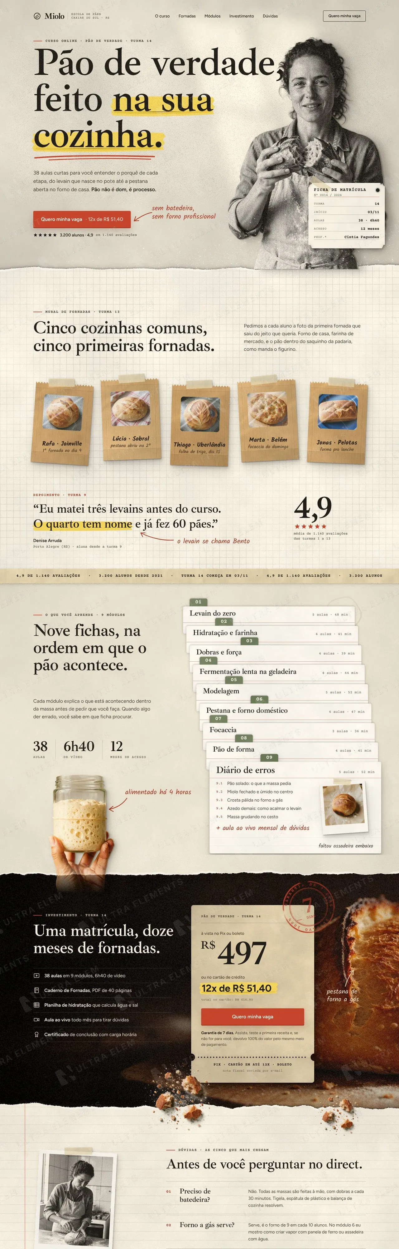 Página de vendas de curso online de pão de fermentação natural com módulos, parcelamento e garantia (desktop e mobile) — imagem 1 de 6